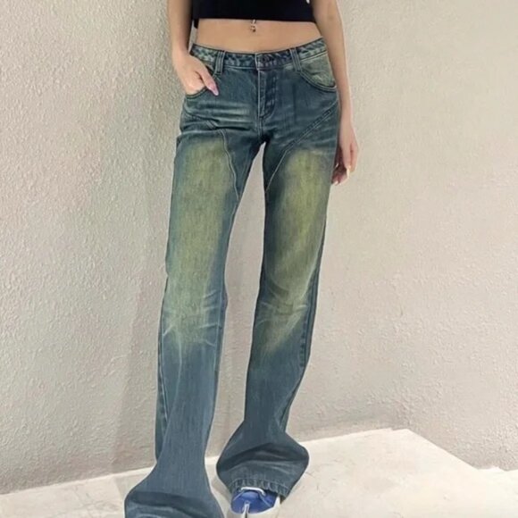 New Fax Copy Express Slim Flared Leg Dirty Blue Wash Jeans Size S - Picture 9 of 9